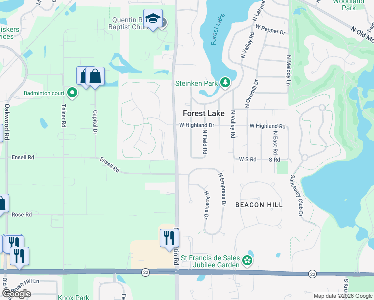 map of restaurants, bars, coffee shops, grocery stores, and more near 23565 North Quentin Road in Lake Zurich