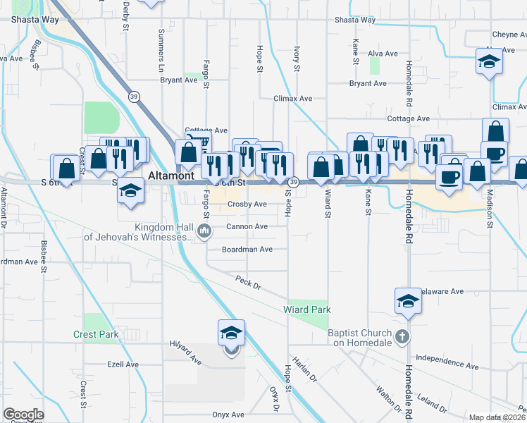 map of restaurants, bars, coffee shops, grocery stores, and more near 4668 Crosby Avenue in Klamath Falls