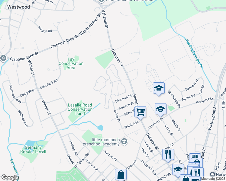 map of restaurants, bars, coffee shops, grocery stores, and more near 214 Norwest Drive in Norwood