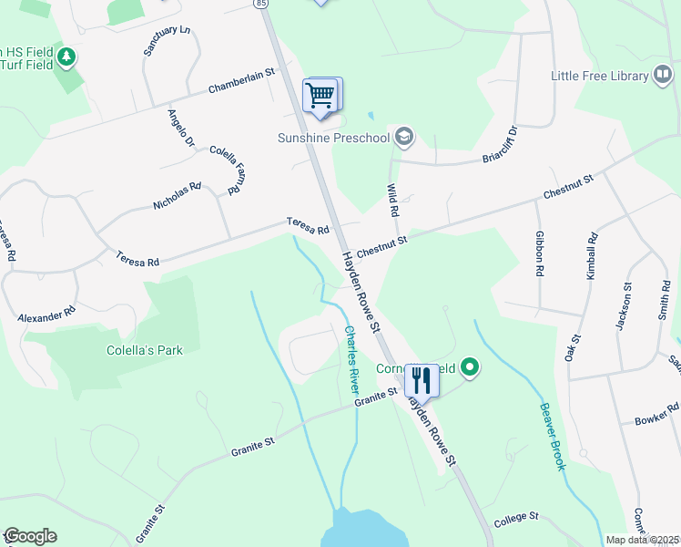 map of restaurants, bars, coffee shops, grocery stores, and more near 185 Massachusetts 85 in Hopkinton