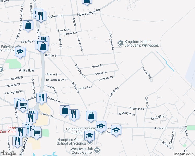 map of restaurants, bars, coffee shops, grocery stores, and more near 49 Deane Street in Chicopee