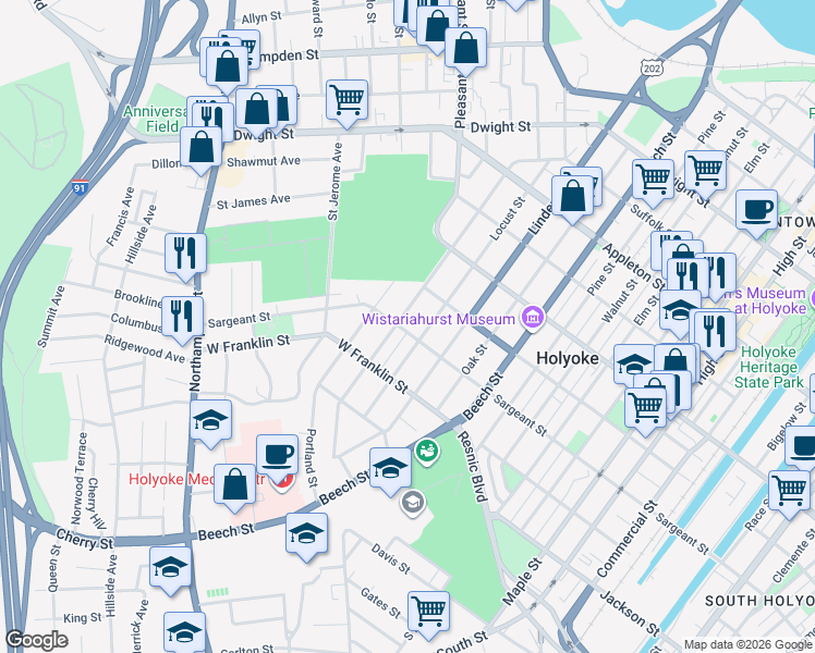 map of restaurants, bars, coffee shops, grocery stores, and more near 74 Sycamore Street in Holyoke
