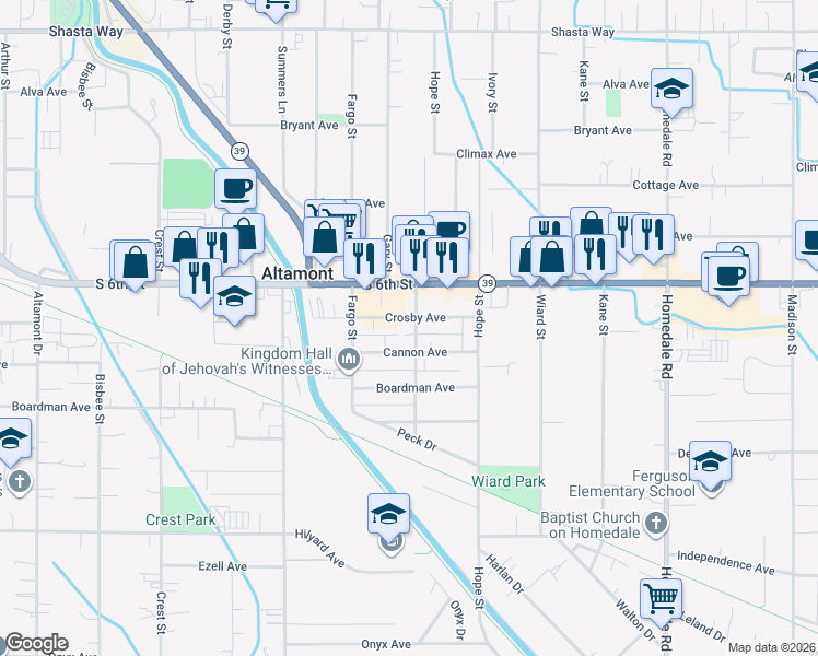 map of restaurants, bars, coffee shops, grocery stores, and more near 2401 Gettle Street in Klamath Falls
