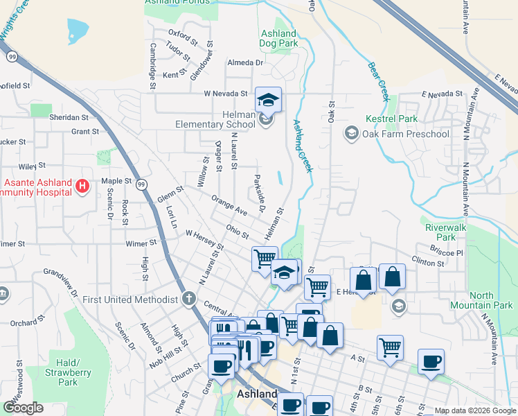 map of restaurants, bars, coffee shops, grocery stores, and more near 432 Parkside Drive in Ashland