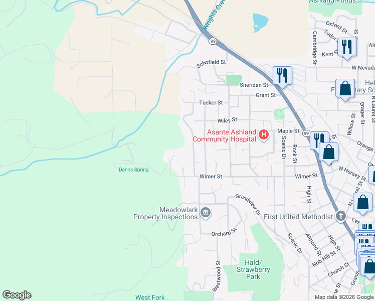 map of restaurants, bars, coffee shops, grocery stores, and more near 521 Thornton Way in Ashland