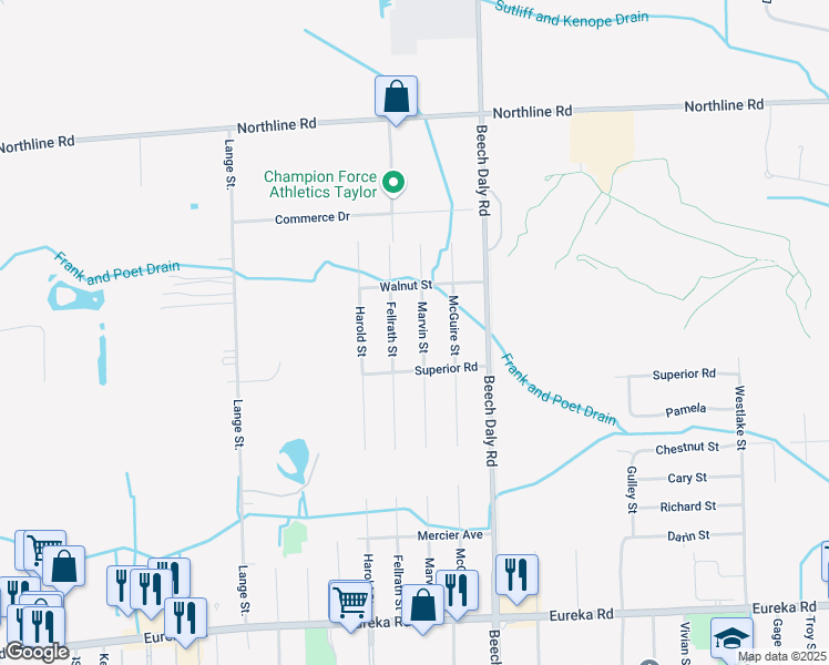 map of restaurants, bars, coffee shops, grocery stores, and more near 13700 Marvin Street in Taylor