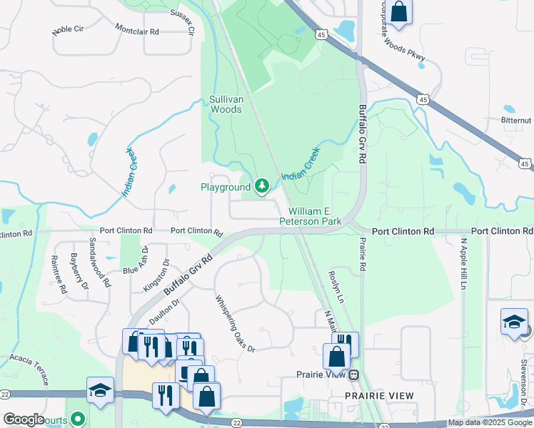 map of restaurants, bars, coffee shops, grocery stores, and more near 1072 Creek View Drive in Vernon Hills