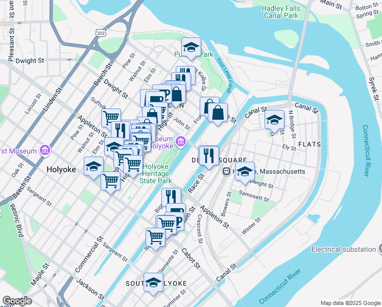 map of restaurants, bars, coffee shops, grocery stores, and more near 444 Dwight St in Holyoke