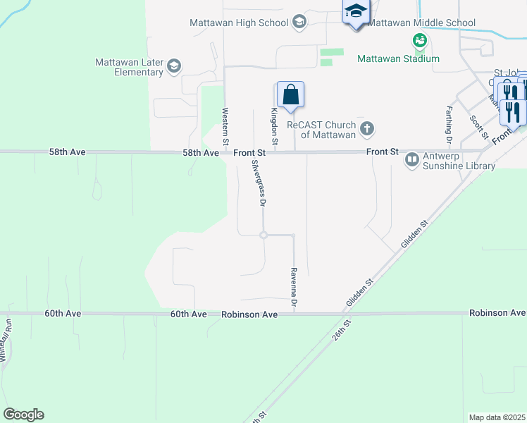 map of restaurants, bars, coffee shops, grocery stores, and more near Silvergrass Drive in Mattawan