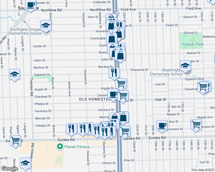 map of restaurants, bars, coffee shops, grocery stores, and more near 12801 Commonwealth Street in Southgate