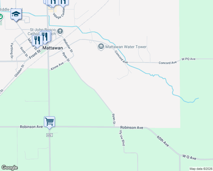 map of restaurants, bars, coffee shops, grocery stores, and more near 58883 Ryan Street in Mattawan