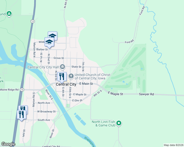 map of restaurants, bars, coffee shops, grocery stores, and more near 112 North 8th Street in Central City