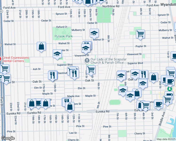 map of restaurants, bars, coffee shops, grocery stores, and more near 2732 Electric Street in Wyandotte
