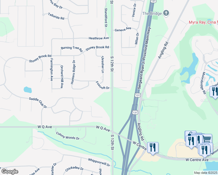 map of restaurants, bars, coffee shops, grocery stores, and more near 5020 Foxcroft Drive in Kalamazoo