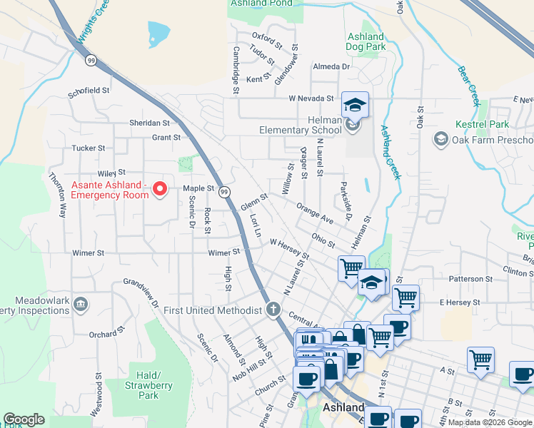map of restaurants, bars, coffee shops, grocery stores, and more near 362 Glenn Street in Ashland