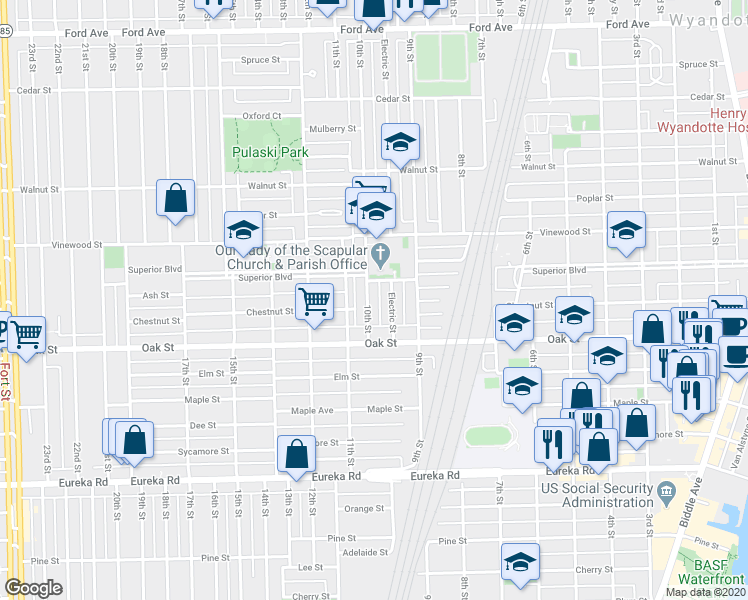 map of restaurants, bars, coffee shops, grocery stores, and more near 2732 Electric Street in Wyandotte