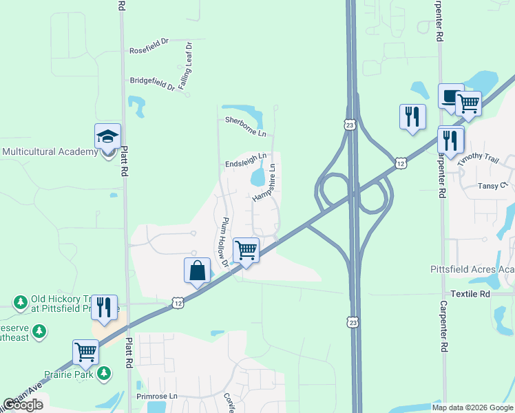 map of restaurants, bars, coffee shops, grocery stores, and more near 5693 Hampshire Lane in Ypsilanti