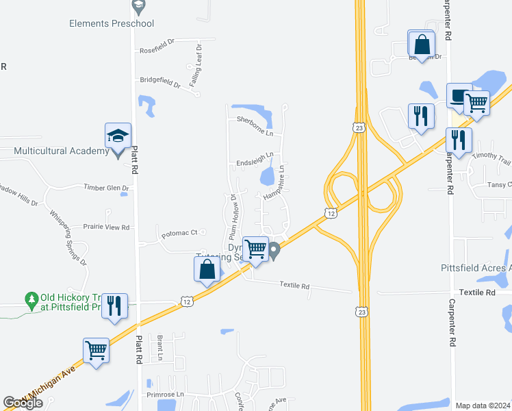 map of restaurants, bars, coffee shops, grocery stores, and more near 5693 Hampshire Lane in Ypsilanti