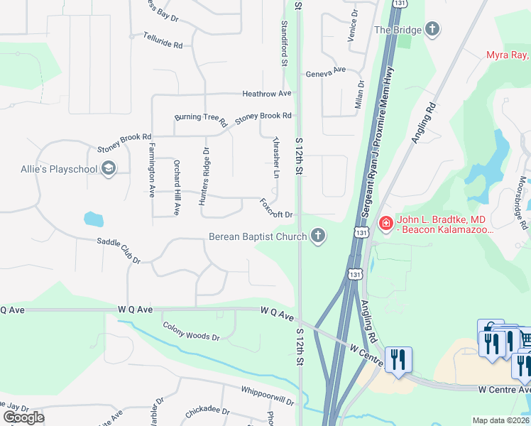 map of restaurants, bars, coffee shops, grocery stores, and more near 5095 Foxcroft Drive in Kalamazoo