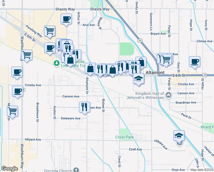 map of restaurants, bars, coffee shops, grocery stores, and more near 3612 South 6th Street in Klamath Falls