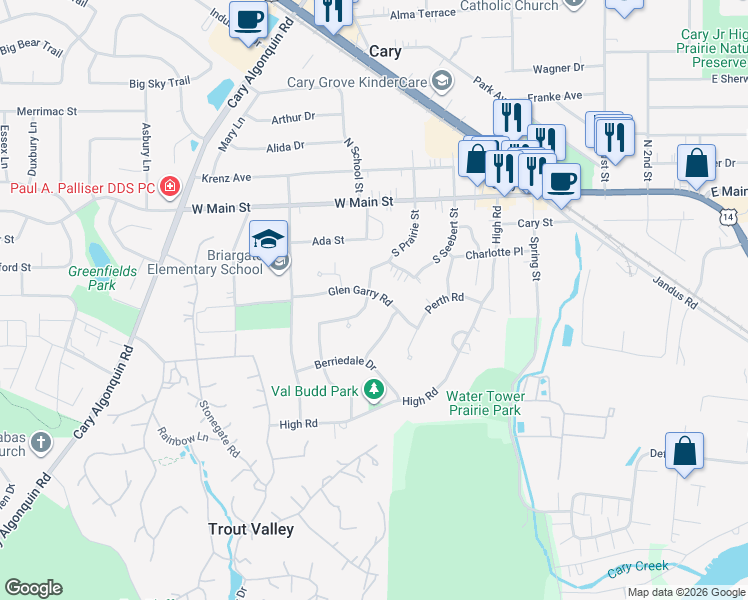 map of restaurants, bars, coffee shops, grocery stores, and more near 503 South Prairie Street in Cary