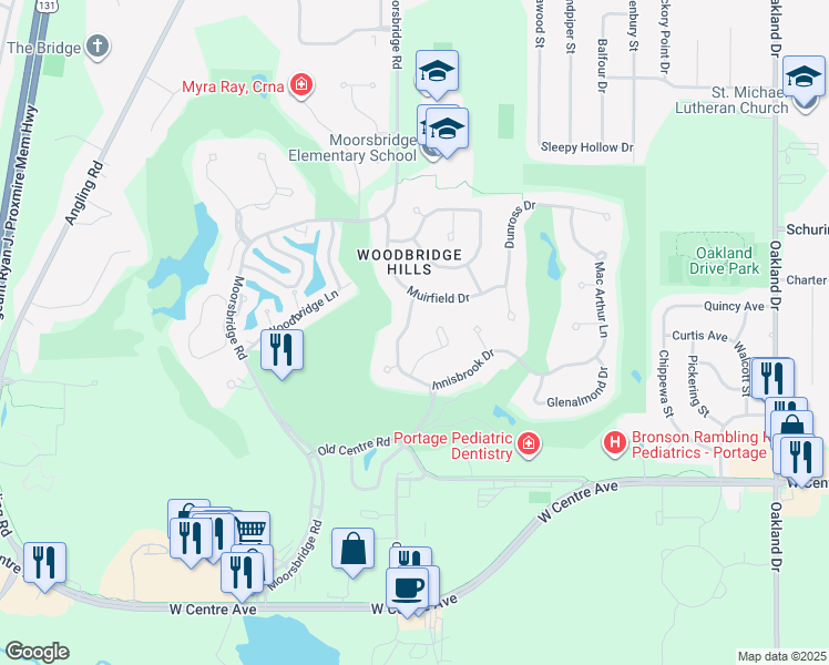 map of restaurants, bars, coffee shops, grocery stores, and more near 7709 Innisbrook Drive in Portage