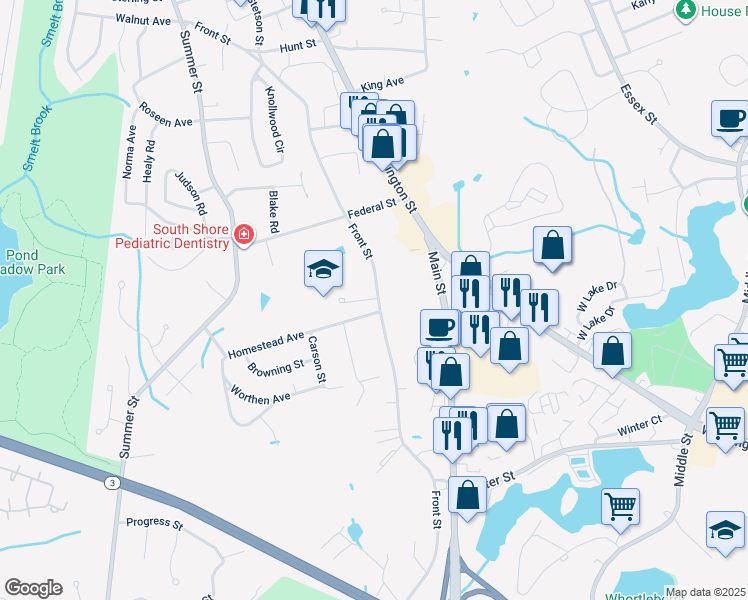 map of restaurants, bars, coffee shops, grocery stores, and more near 401R Front Street in Weymouth