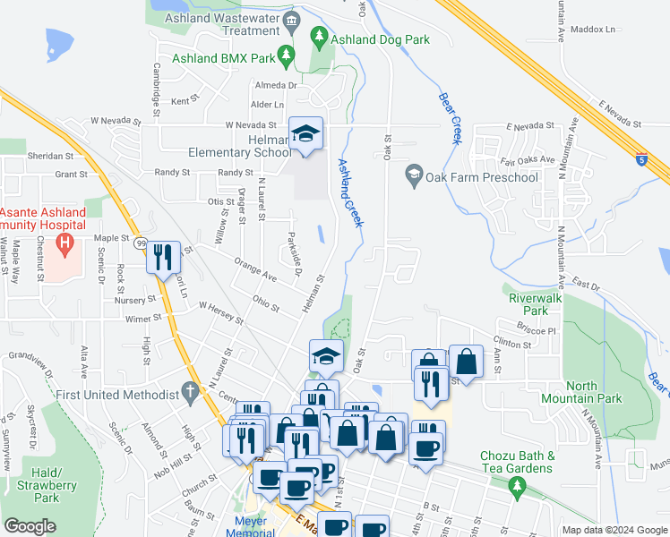 map of restaurants, bars, coffee shops, grocery stores, and more near 484 Helman Street in Ashland