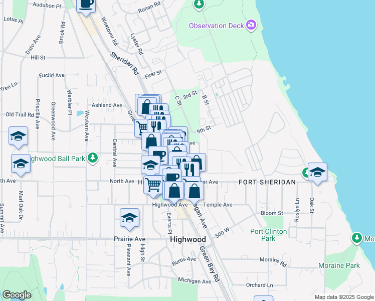 map of restaurants, bars, coffee shops, grocery stores, and more near 25 Clay Avenue in Highwood