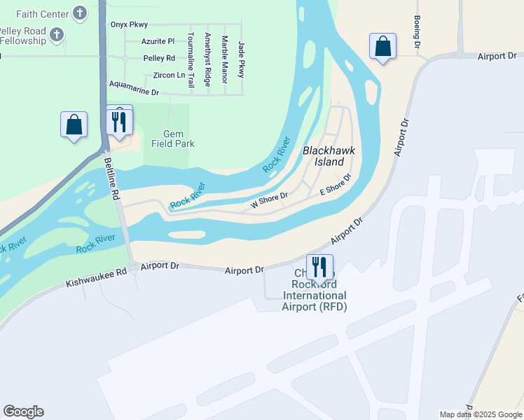 map of restaurants, bars, coffee shops, grocery stores, and more near 4X Blackhawk Island in Rockford