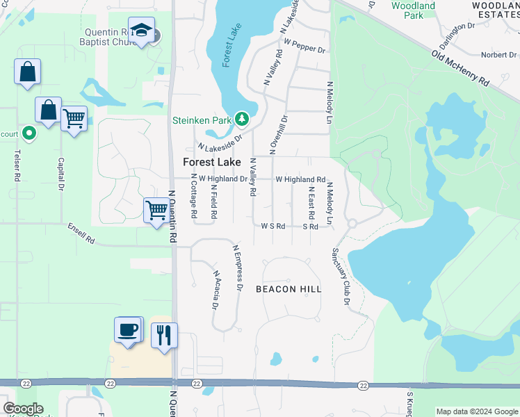 map of restaurants, bars, coffee shops, grocery stores, and more near 23545 North Valley Road in Lake Zurich