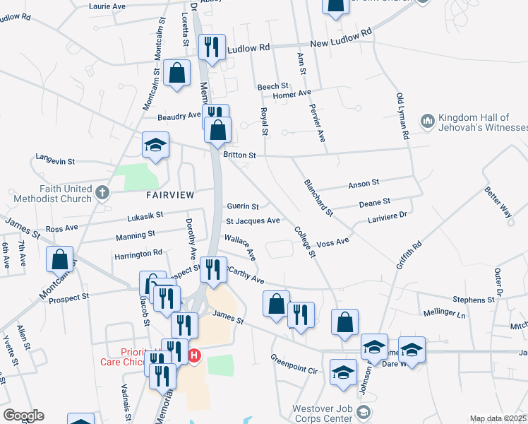 map of restaurants, bars, coffee shops, grocery stores, and more near 67 Guerin Street in Chicopee