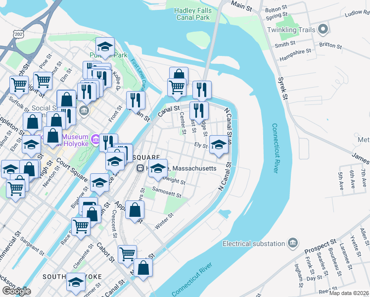 map of restaurants, bars, coffee shops, grocery stores, and more near 54 Center Street in Holyoke
