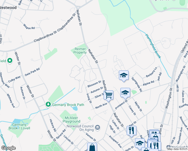 map of restaurants, bars, coffee shops, grocery stores, and more near 142 Norwest in Norwood