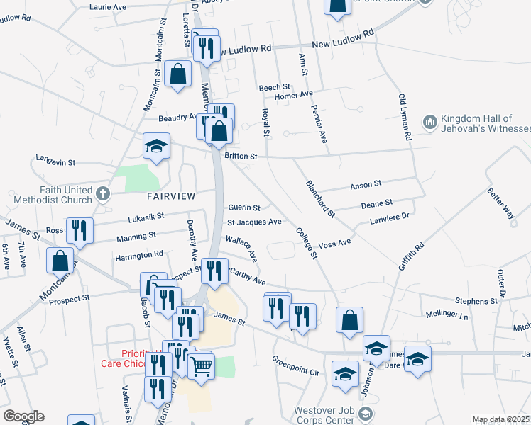 map of restaurants, bars, coffee shops, grocery stores, and more near 67 Guerin Street in Chicopee