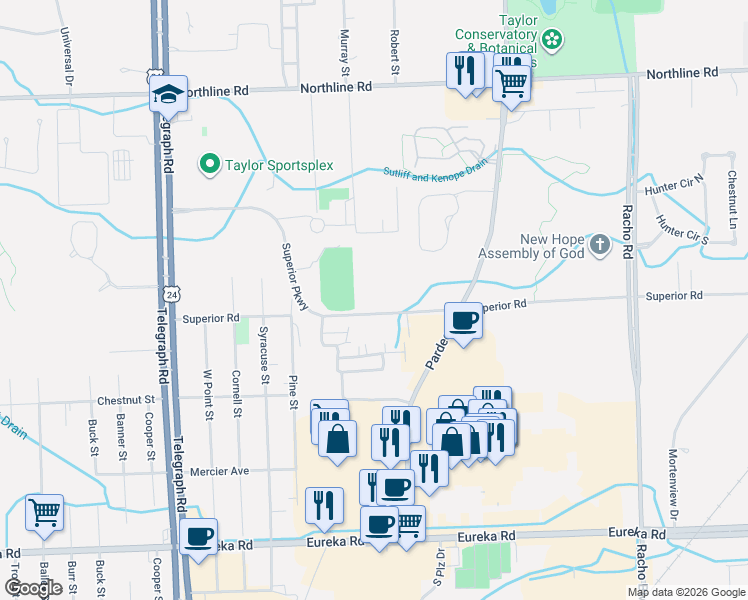map of restaurants, bars, coffee shops, grocery stores, and more near 23350 Superior Parkway in Taylor