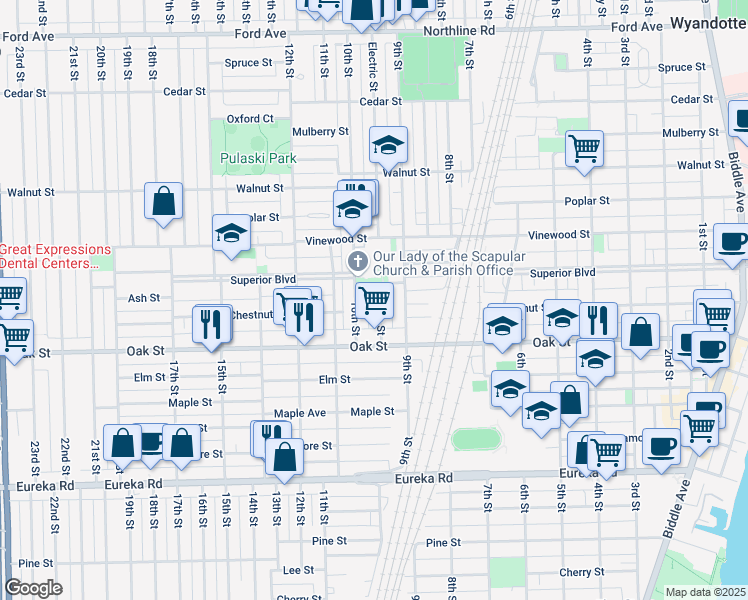 map of restaurants, bars, coffee shops, grocery stores, and more near 2732 Electric Street in Wyandotte