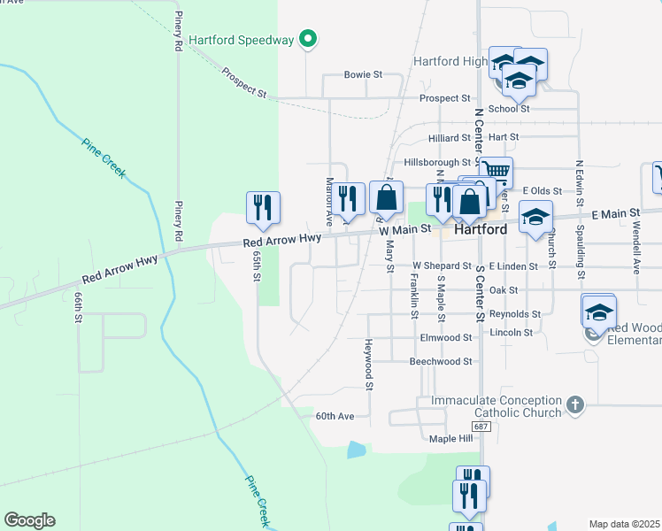 map of restaurants, bars, coffee shops, grocery stores, and more near 500 West Shepard Street in Hartford
