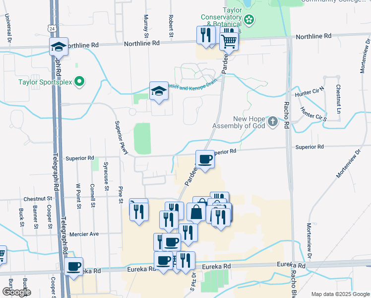 map of restaurants, bars, coffee shops, grocery stores, and more near 23200 Superior Parkway in Taylor