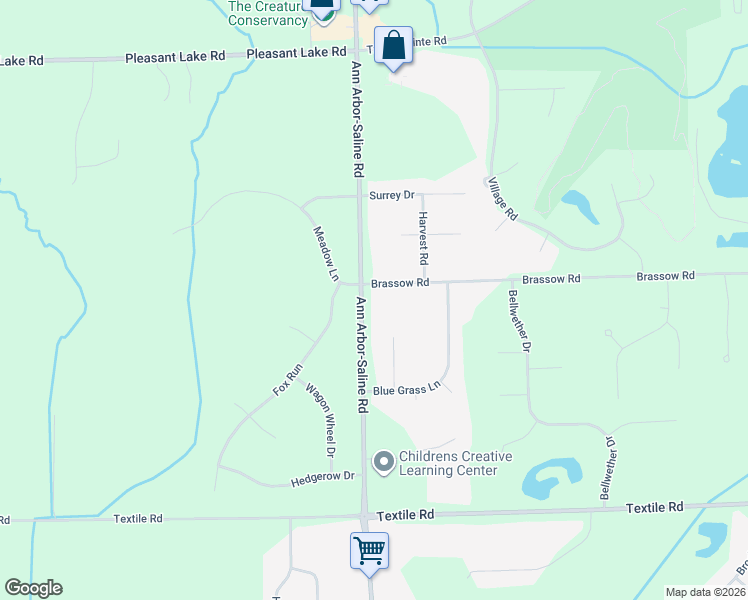 map of restaurants, bars, coffee shops, grocery stores, and more near 3449 Brassow Road in Saline