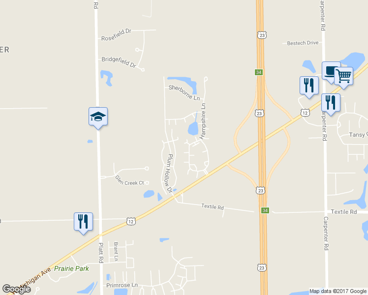 map of restaurants, bars, coffee shops, grocery stores, and more near 5702 Hampshire Lane in Ypsilanti