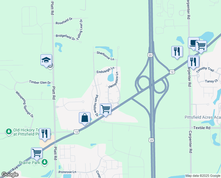 map of restaurants, bars, coffee shops, grocery stores, and more near 5693 Hampshire Lane in Ypsilanti