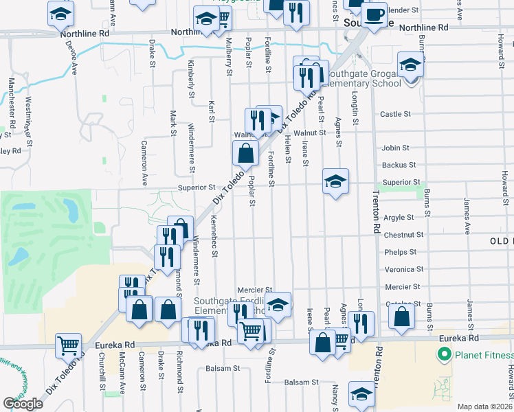map of restaurants, bars, coffee shops, grocery stores, and more near 14177 Poplar Street in Southgate