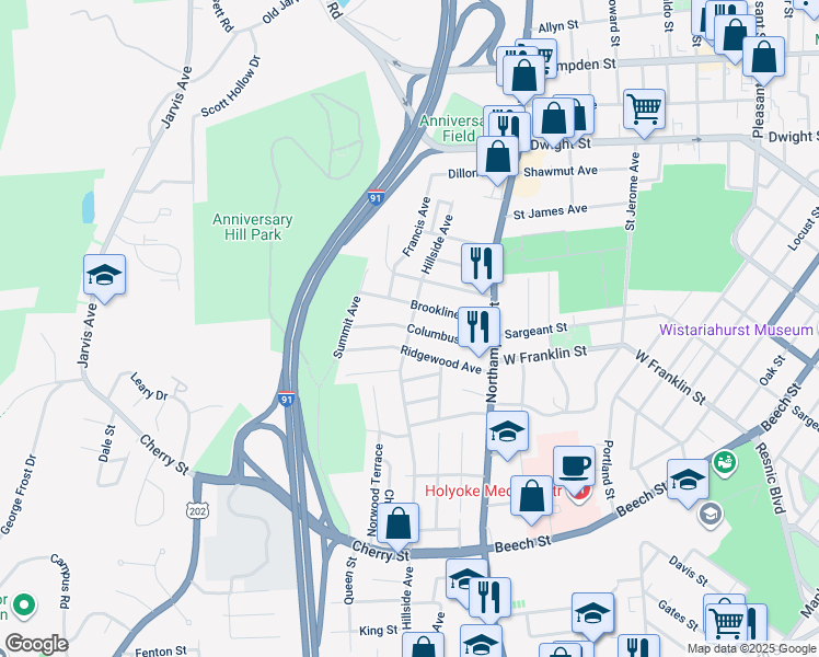 map of restaurants, bars, coffee shops, grocery stores, and more near 70 Columbus Avenue in Holyoke