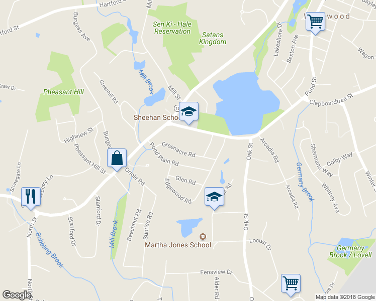 map of restaurants, bars, coffee shops, grocery stores, and more near 75 Greenacre Road in Westwood