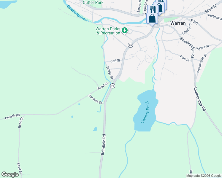 map of restaurants, bars, coffee shops, grocery stores, and more near 19 Bridge Street in Warren