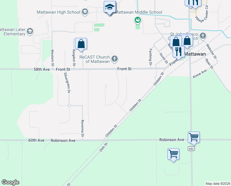 map of restaurants, bars, coffee shops, grocery stores, and more near 25197 Front Street in Mattawan