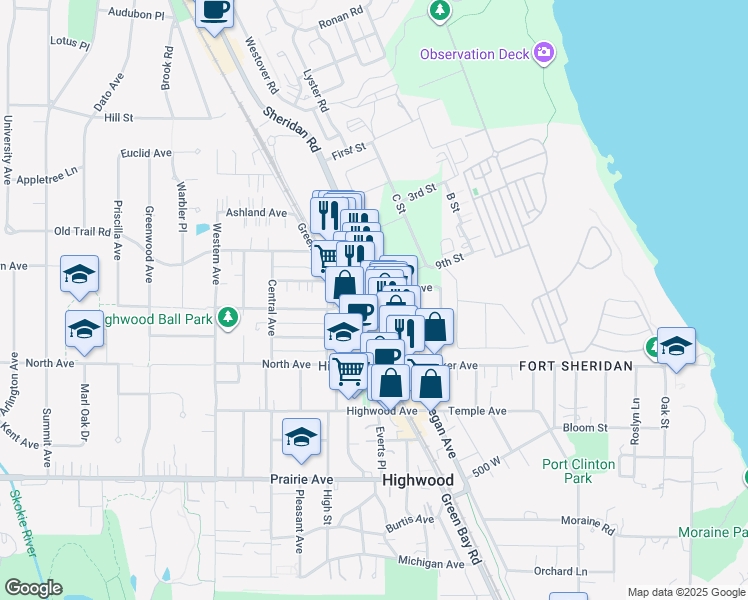 map of restaurants, bars, coffee shops, grocery stores, and more near 514 Sheridan Road in Highwood