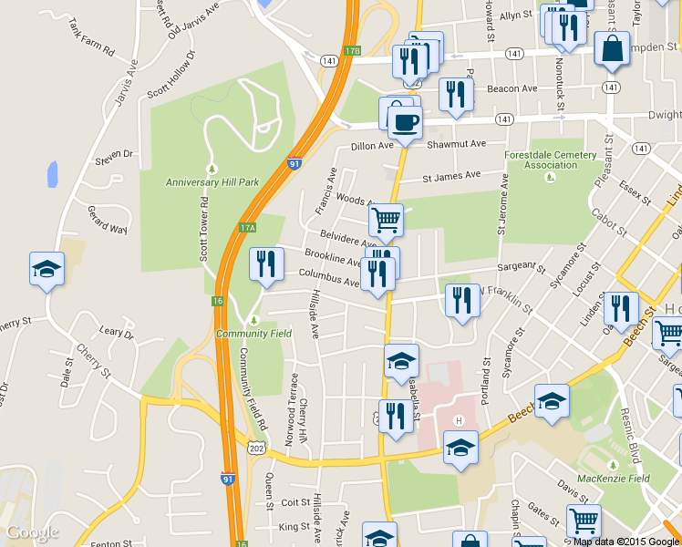 map of restaurants, bars, coffee shops, grocery stores, and more near 51-53 Columbus Ave in Holyoke