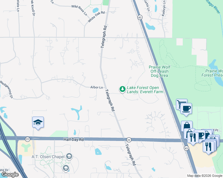 map of restaurants, bars, coffee shops, grocery stores, and more near 1901 Telegraph Road in Lake Forest